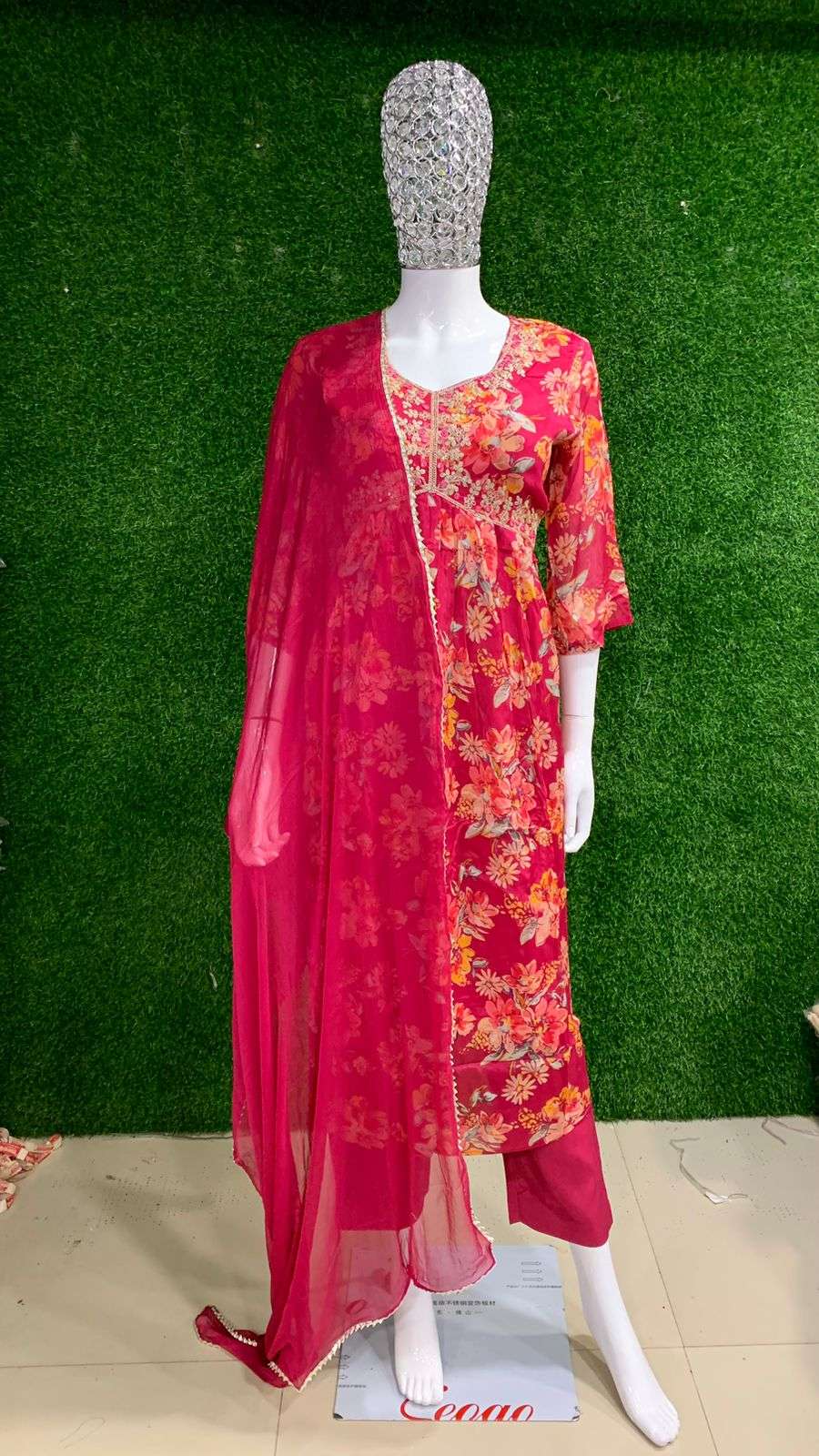 BEMITEX INDIA PRESENTS NEW PURE CHINON WITH HEAVY WORK BASED ALIA CUT RED READYMADE 3 PIECE SUIT COLLECTION WHOLESALE SHOP IN SURAT